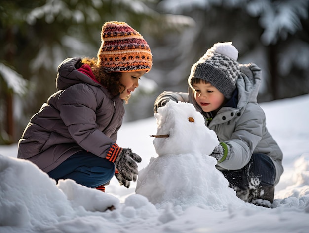 ein Junge und ein Mädchen spielen mit einem Schneemann