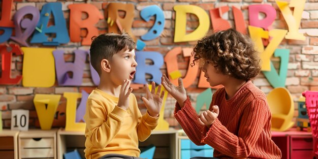 Foto ein junge und ein mädchen sprechen vor einer wand