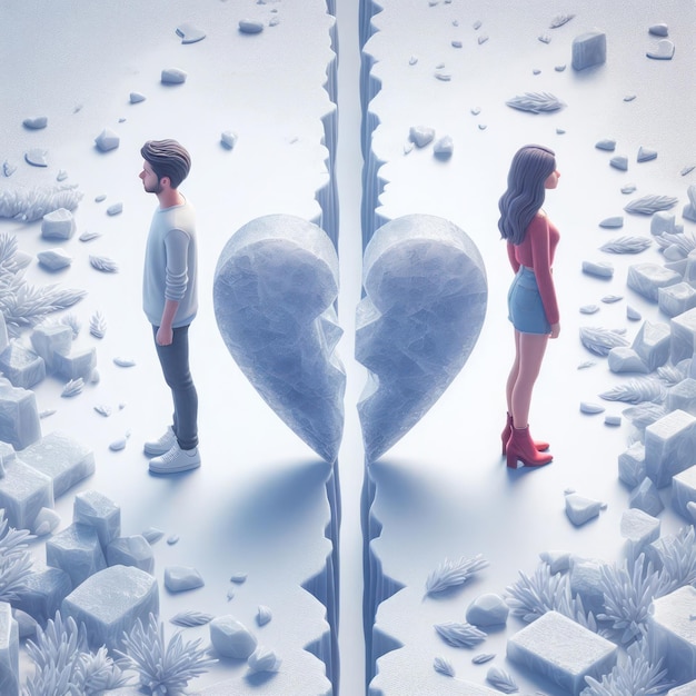 Ein Junge und ein Mädchen stehen auf beiden Seiten eines gebrochenen eisigen Herzens