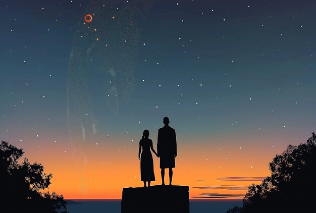 Ein Junge und eine Frau schauen sich die Sterne am Nachthimmel mit einem Eule-Hintergrund an. Das Paar macht sich einen Wunsch.
