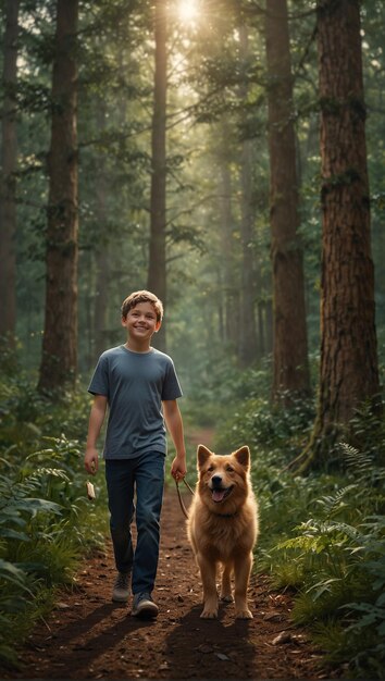 Foto ein junge und sein hund gehen im wald spazieren