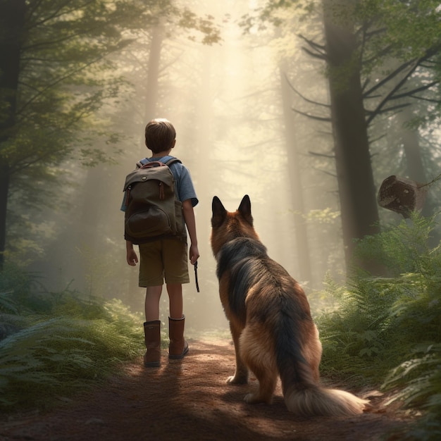 Ein Junge und sein Hund gehen im Wald spazieren.
