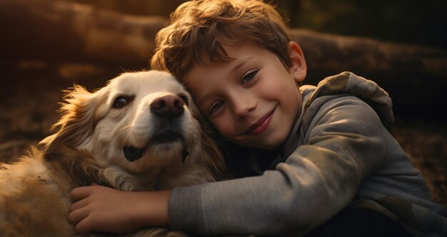 ein Junge und sein Hund lächeln einander an