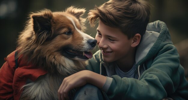 ein Junge und sein Hund lächeln einander an