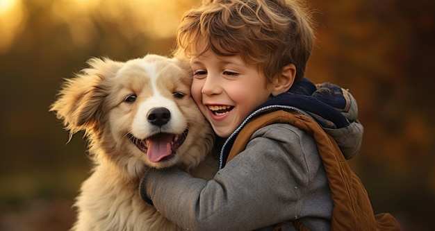 ein Junge und sein Hund lächeln einander an