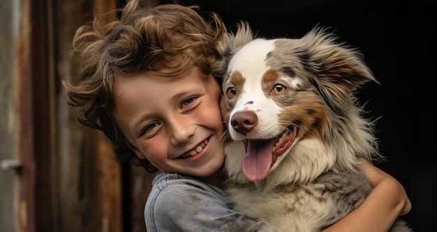 ein Junge und sein Hund lächeln einander an