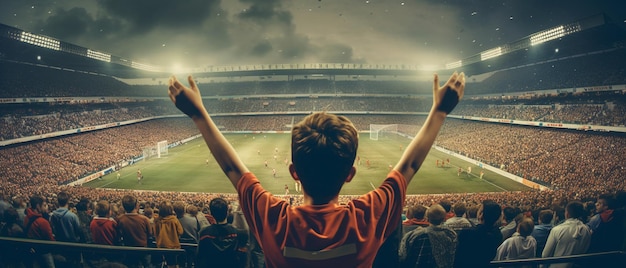ein junger 11-jähriger Junge spielt Fußball in einem berühmten Stadion mit vollem Publikum
