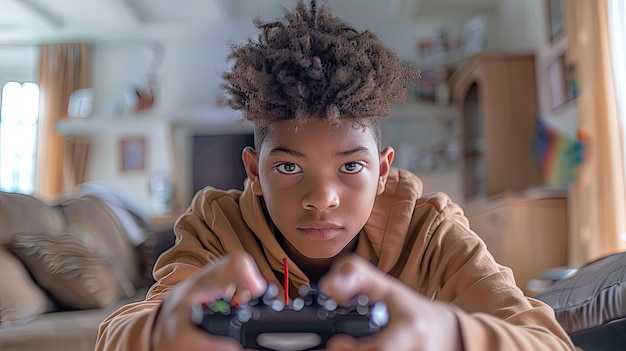 Ein junger Afro-Mann mit braunen Haaren spielt ein Videospiel