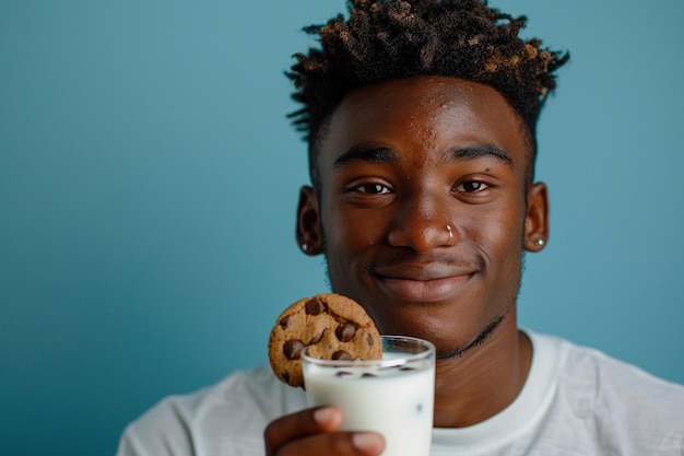 Ein junger afroamerikanischer Mann isst Schokoladen-Chips-Kekse und trinkt Milch auf Blau