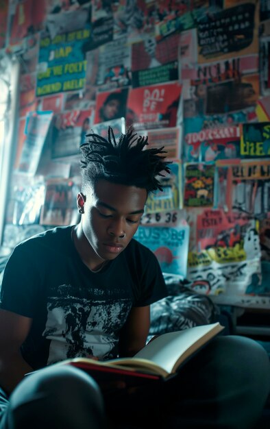 Foto ein junger afroamerikanischer mann mit afrofarbenen haaren liest ein buch in der hand und pflegt seine liebe zum lesen und zur kultur