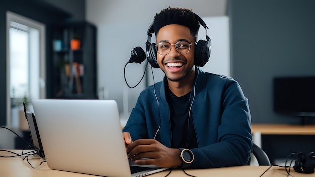Ein junger afroamerikanischer Mann mit Kopfhörern und Brille lächelt
