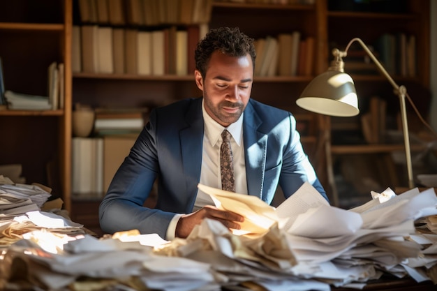 Foto ein junger afroamerikanischer mann überwältigt von papierkram in einem heimbüro