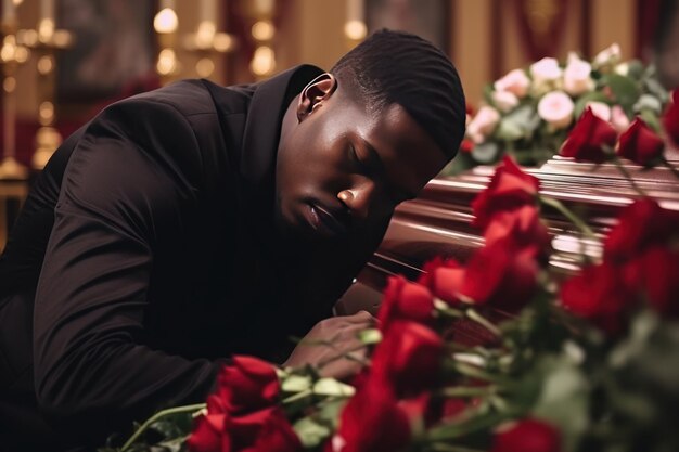 Ein junger afroamerikanischer Mann verabschiedet sich von einem verstorbenen Mann in einer Kirche ein Sarg Blumen und ein trauerndes Verwandter sind in der Nähe der Schmerz des Verlustes und der Abreise in eine bessere Welt