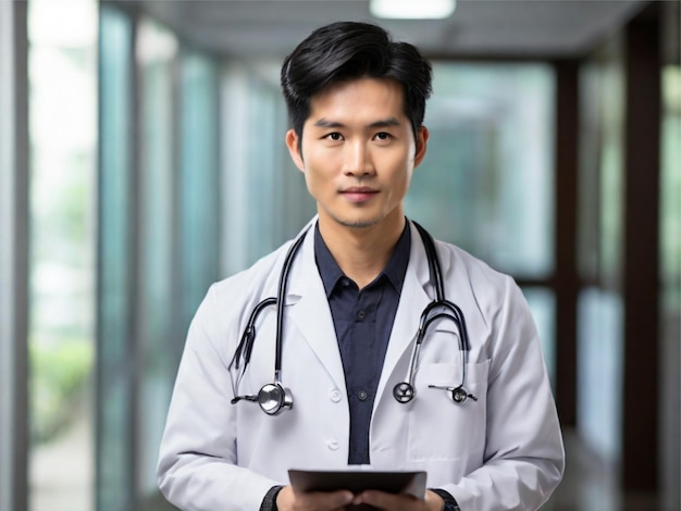 Ein junger asiatischer Arzt hält zuversichtlich Dokumente in der Hand