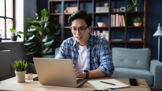 Ein junger asiatischer Geschäftsmann spricht mit seinem Laptop mit seinen Kollegen über einen Plan in einem Videogespräch, während er bei der Arbeit sitzt.