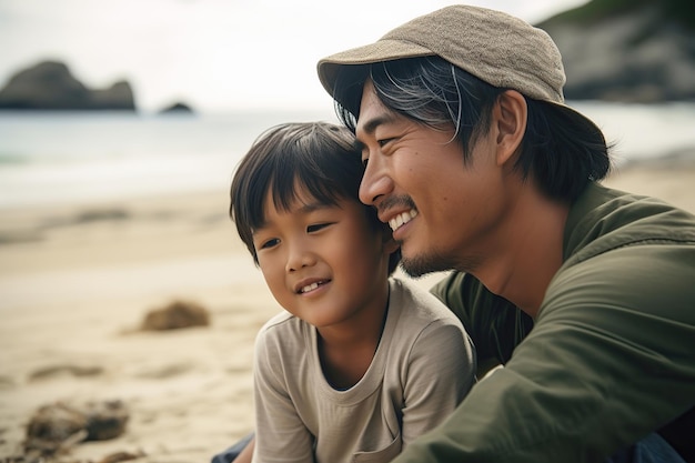 Ein junger asiatischer Vater kniet und umarmt ein Kind am Strand Generative KI-Illustration