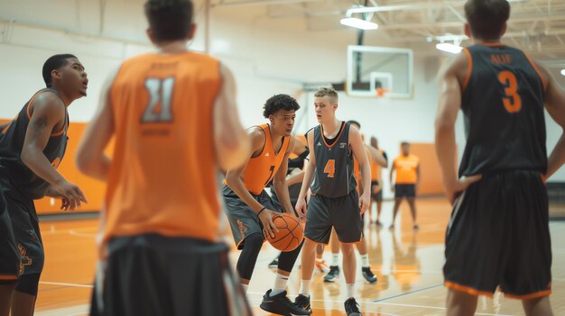 Foto ein junger basketballspieler dribbelt während eines spiels den ball an verteidigern vorbei er trägt ein grau-orangefarbenes trikot und schwarze turnschuhe