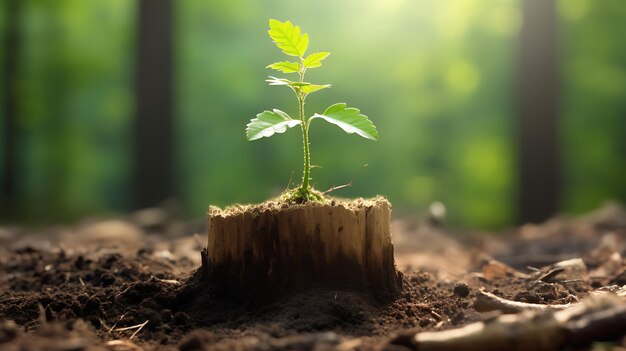 Foto ein junger baum, der aus einem alten baumstumpf auftaucht