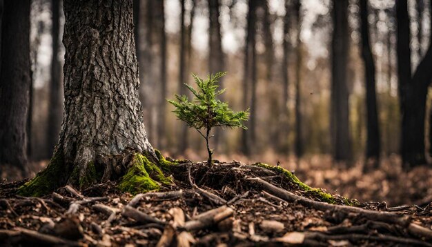 Ein junger Baum, der aus einem alten Baumstumpf auftaucht