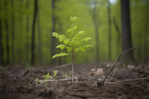 Ein junger Baum, der in einem neu gepflanzten Wald wächst, der mit generativer KI geschaffen wurde