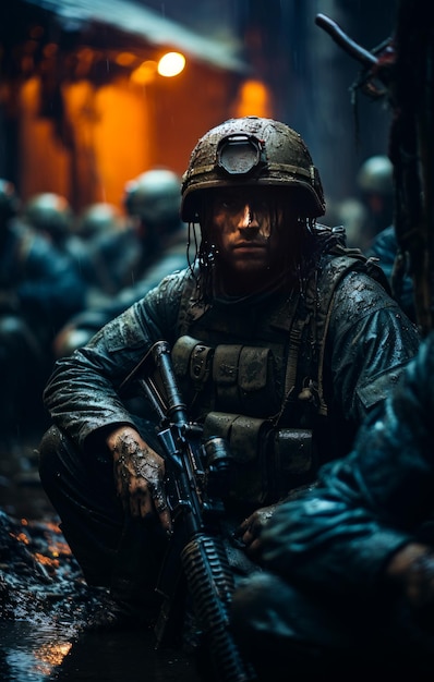Ein junger bewaffneter Mann mit Helm sitzt in den Schützengräben, ein Soldat ist an einem regnerischen Tag auf Mission.