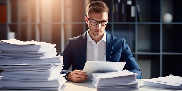 Ein junger Buchhalter, der an einem Laptop arbeitet, sitzt an einem Tisch mit einem Stapel Papiere