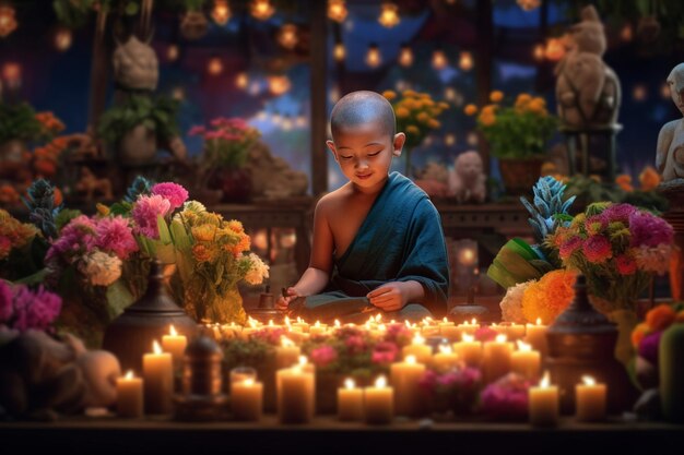 Ein junger Buddha sitzt mit einer Lotusblume und Kerzen im Garten. Hintergrund für die Feier des Vesak-Festes