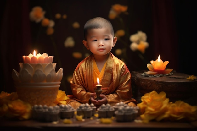 Ein junger Buddha sitzt mit einer Lotusblume und Kerzen im Garten. Hintergrund für die Feier des Vesak-Festes