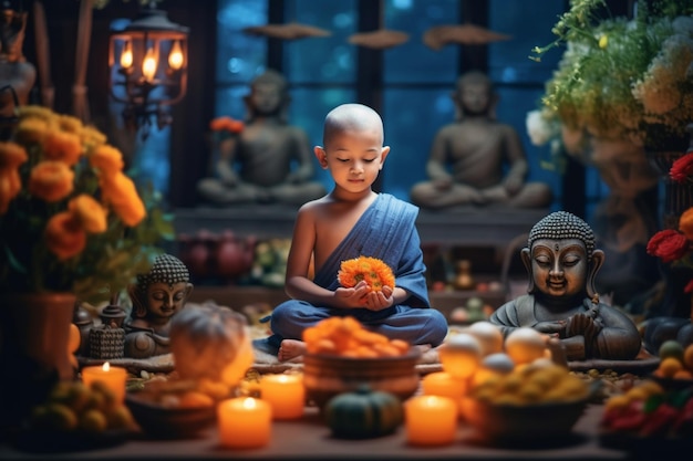 Ein junger Buddha sitzt mit einer Lotusblume und Kerzen im Garten. Hintergrund für die Feier des Vesak-Festes