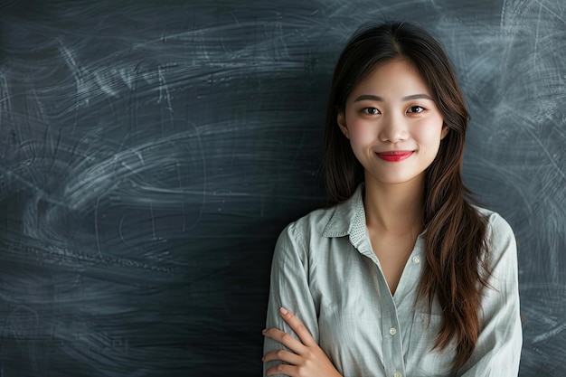 Ein junger chinesischer Lehrer mit Brille und einem freundlichen Lächeln steht zuversichtlich vor einer Tafel voller Gleichungen