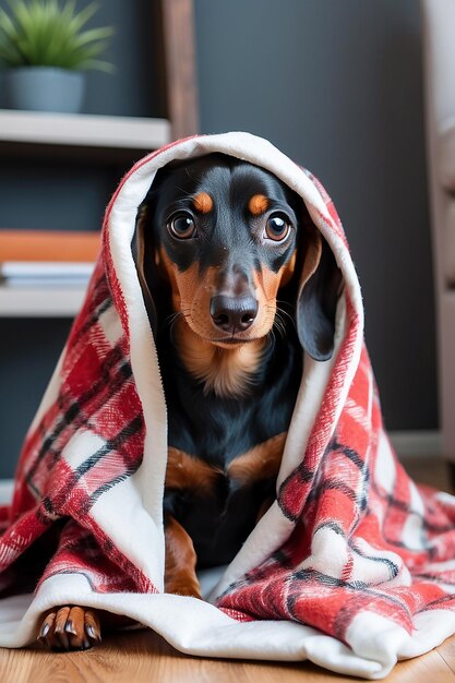 Ein junger Dachshund unter einer Decke Das Haustier kühlt sich unter dem Plaid Generative AI