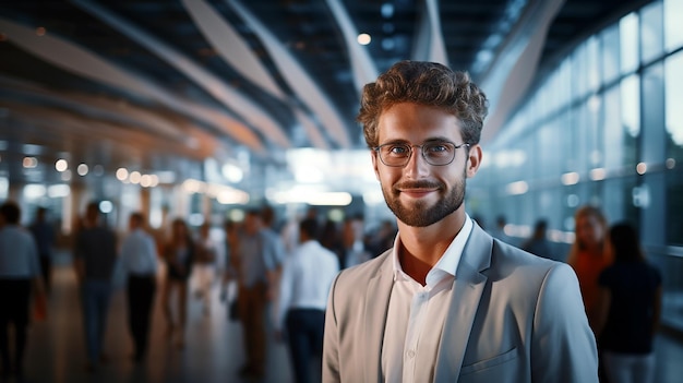 Ein junger erfolgreicher Geschäftsmann und Unternehmer lächelt vor der Kamera in einem modernen Bürogebäude