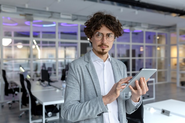 Ein junger erwachsener Geschäftsmann mit lockigem Haar konzentriert sich auf sein Tablet, während er in einem zeitgenössischen