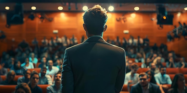 Ein junger Experte stellt einem Redner in einem trüben Auditorium eine Frage Konzeptfotografie Kommunikation Bildung Lerninteraktion