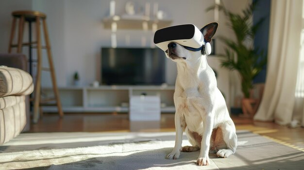 Ein junger fröhlicher Hund sitzt in einem modernen Raum und trägt ein weißes VR-Virtual-Reality-Headset.