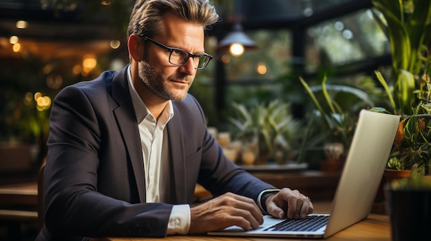 Ein junger Geschäftsmann, der von zu Hause aus arbeitet und dabei einen Laptop und einen Schreibtisch nutztxA