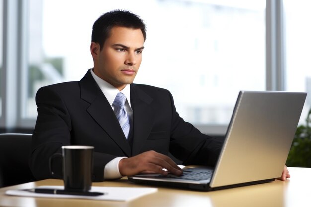 Ein junger Geschäftsmann sitzt an seinem Schreibtisch und benutzt einen Laptop, der mit generativer KI erstellt wurde