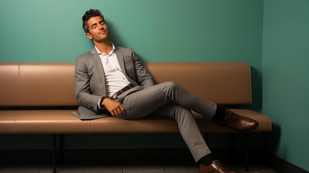 Ein junger, gutaussehender indischer Geschäftsmann sitzt in einer Bürolobby auf einem Sofa