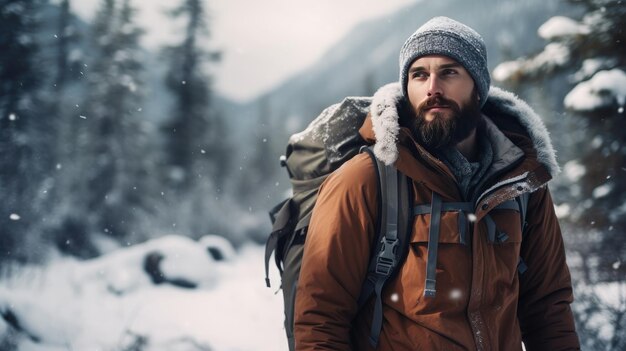 Ein junger Hipster-Abenteurer begibt sich auf eine Winterreise durch die ungezähmte Wildnis, um die Essenz der aktiven Wintererforschung zu erfassen.