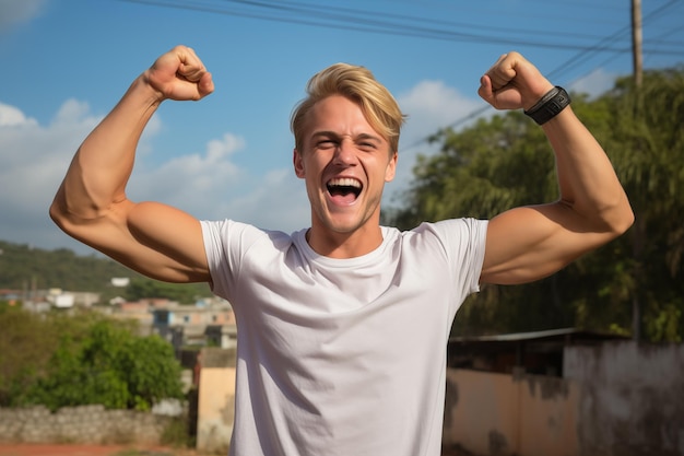 Ein junger, hübscher, blonder Mann im Freien