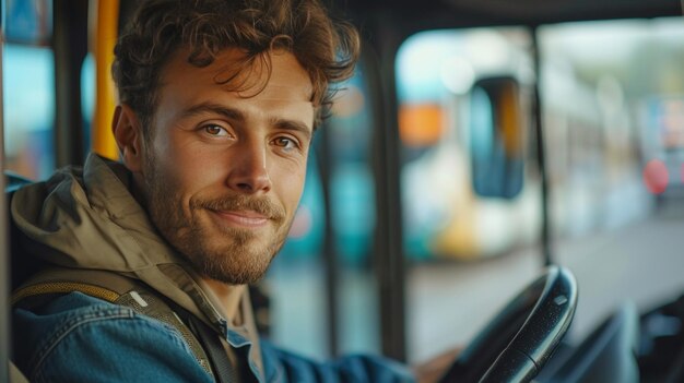 Ein junger, hübscher Busfahrer sitzt hinter dem Steuer eines Busses und schaut lächelnd in die Kamera