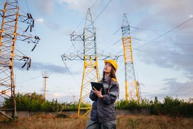 Ein junger Ingenieur inspiziert und kontrolliert die Ausrüstung der Stromleitung. Energie.