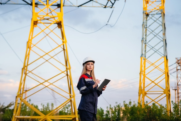 Ein junger Ingenieur inspiziert und kontrolliert die Ausrüstung der Stromleitung. Energie.