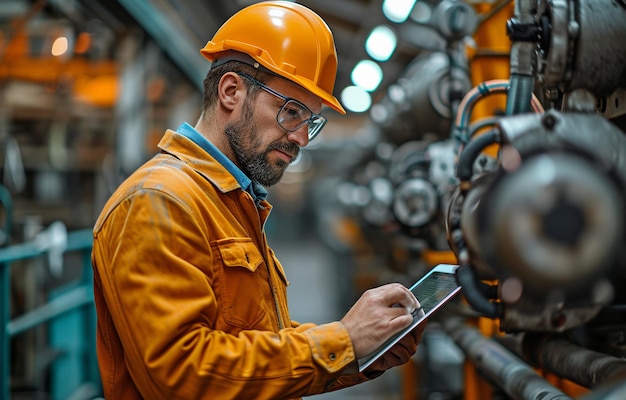 Ein junger Ingenieur untersucht einen industriellen Roboterarm auf einem Tablet-PC