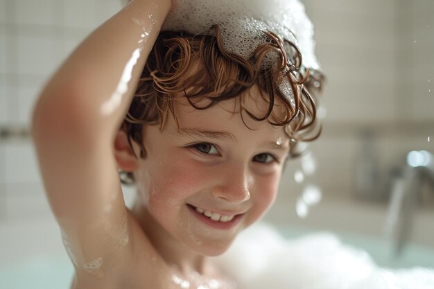 Foto ein junger junge, der sich die haare wäscht