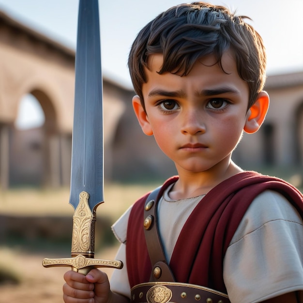 ein junger Junge in einem mittelalterlichen Kostüm hält ein Schwert.
