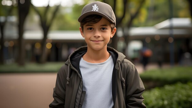 Ein junger Junge in einem modernen Stadtpark mit üppigem Grün, gekleidet in lässiger Kleidung