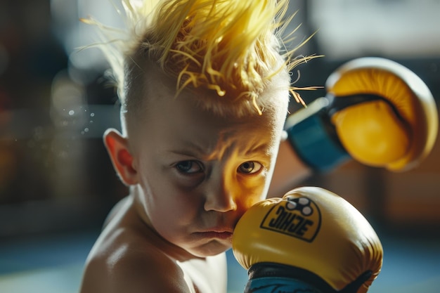Ein junger Junge mit einem gelben Mohawk Haarschnitt trägt Boxhandschuhe und eine gelbe