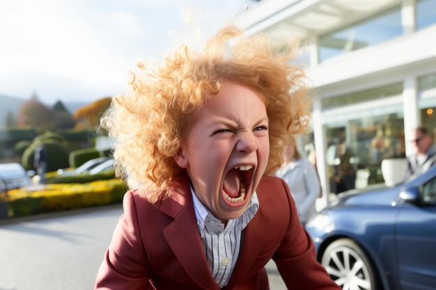 ein junger Junge mit roten Haaren, der auf ein Auto schreit