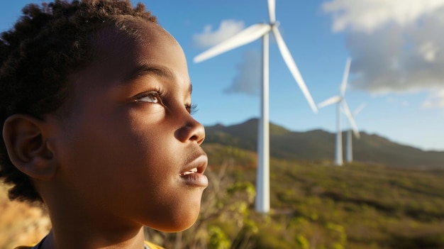 Ein junger Junge schaut auf die hoch aufragenden Windturbinen, seine Augen glänzen vor Aufregung, während er zuschaut.